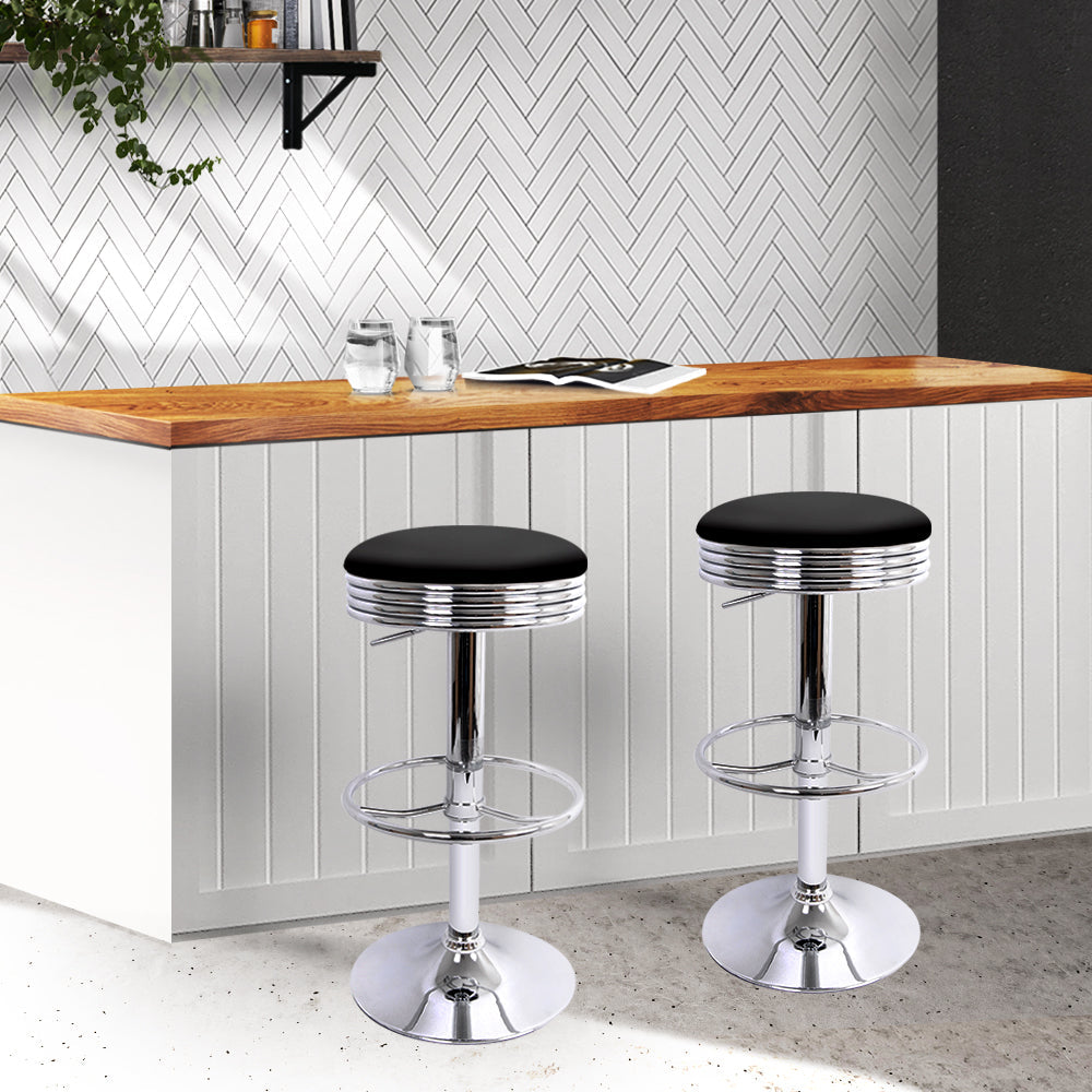 Set of 2 Backless PU Leather Bar Stools - Black and Chrome