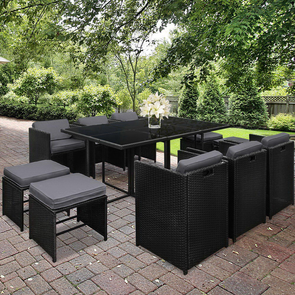 11 Piece PE Wicker Outdoor Dining Set - Black