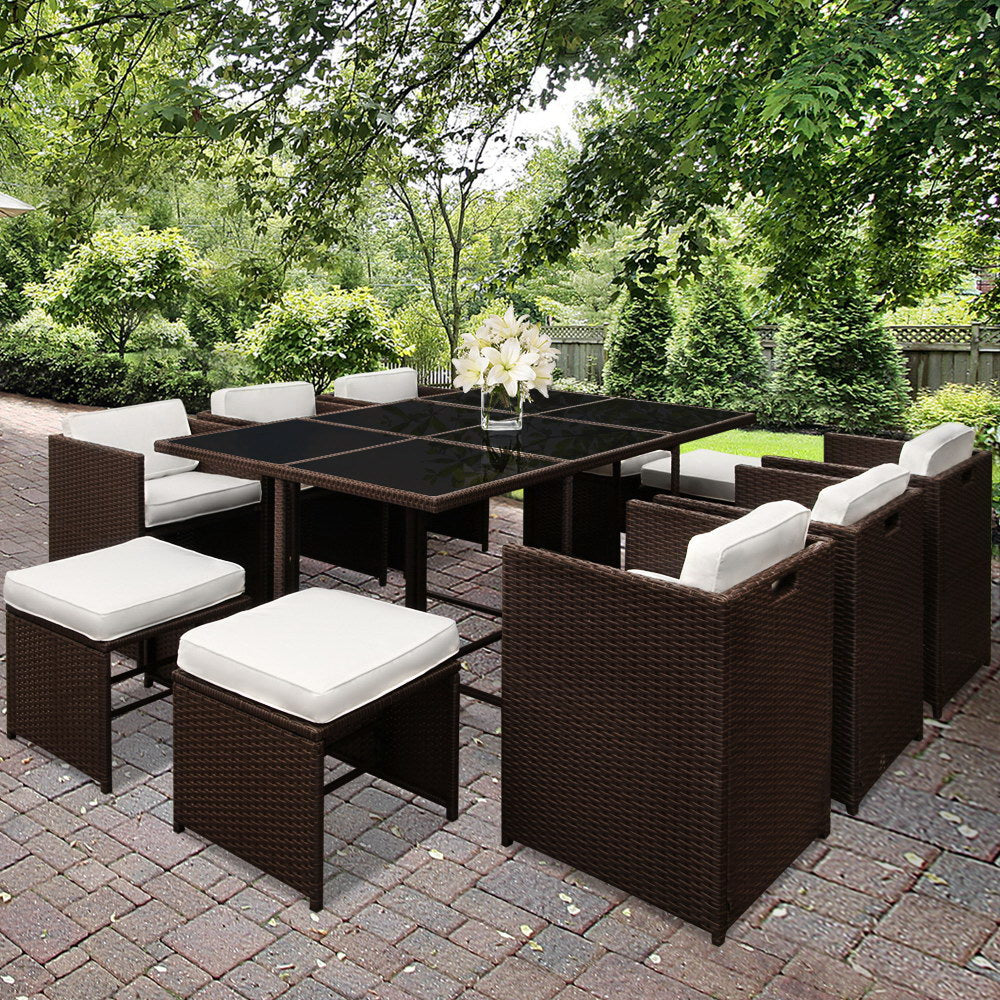 11 Piece PE Wicker Outdoor Dining Set - Brown & White