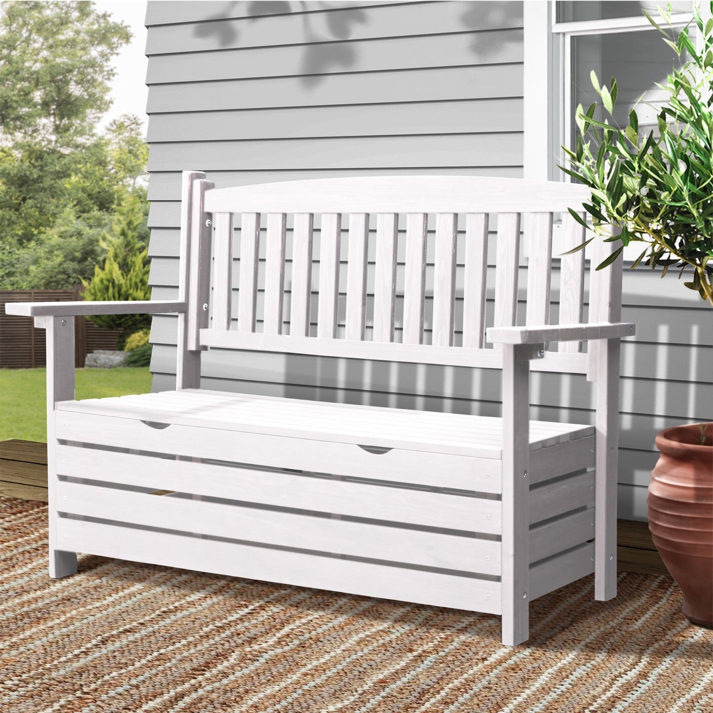 Outdoor Storage Bench Box Wooden Garden Chair 2 Seat Timber Furniture White