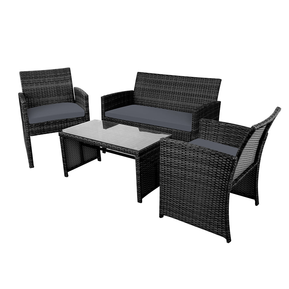 Rattan Furniture Outdoor Lounge Setting Wicker Dining Set w/Storage Cover Black