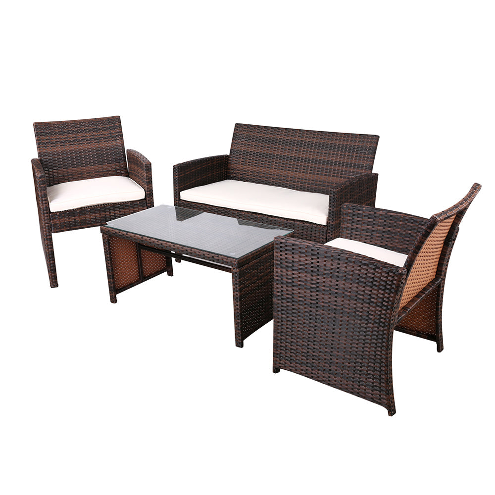 Outdoor Lounge Setting Wicker Dining Set w/Storage Cover Brown