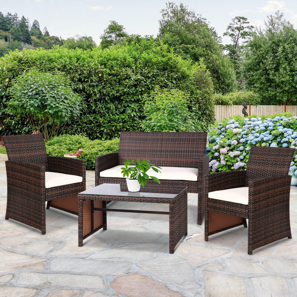 Outdoor Lounge Setting Wicker Dining Set w/Storage Cover Brown