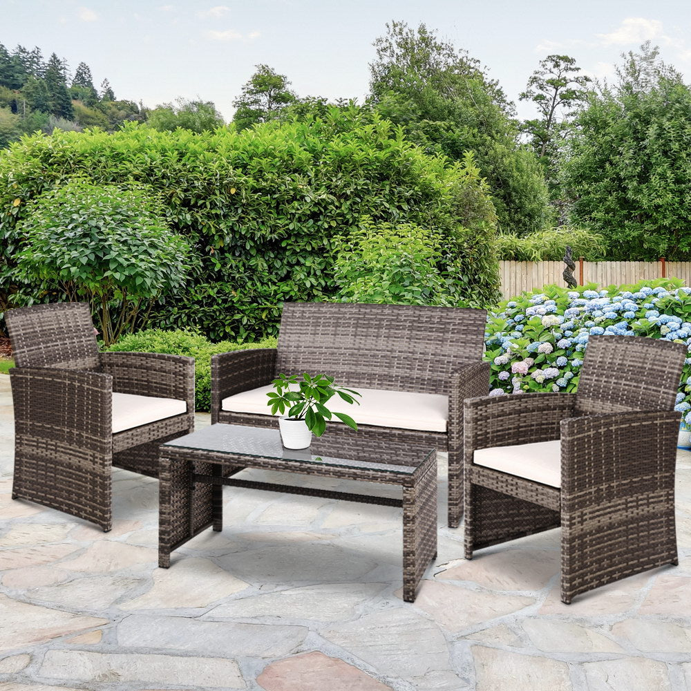 Outdoor Lounge Setting Wicker Dining Set w/Storage Cover Mixed Grey