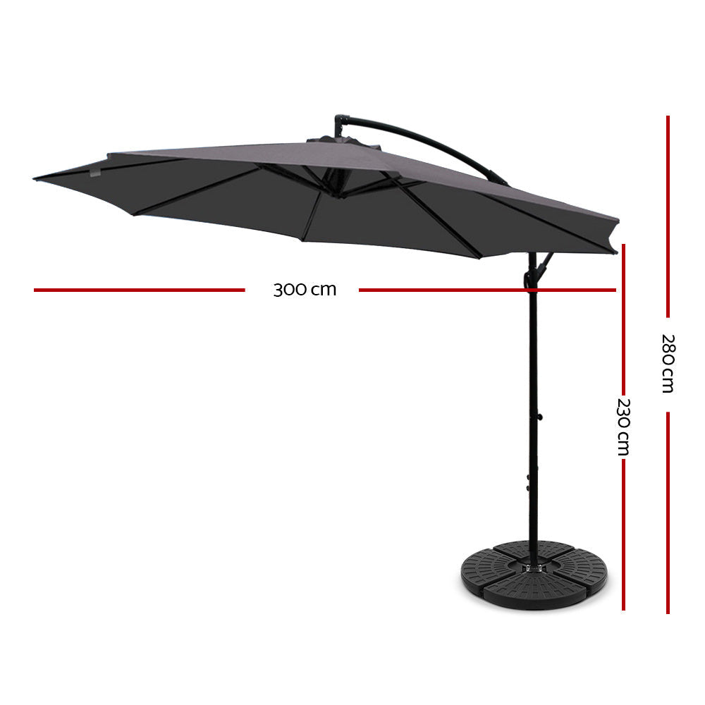 3M Umbrella with 48x48cm Base Outdoor Umbrellas Cantilever Sun Beach Garden Patio Charcoal