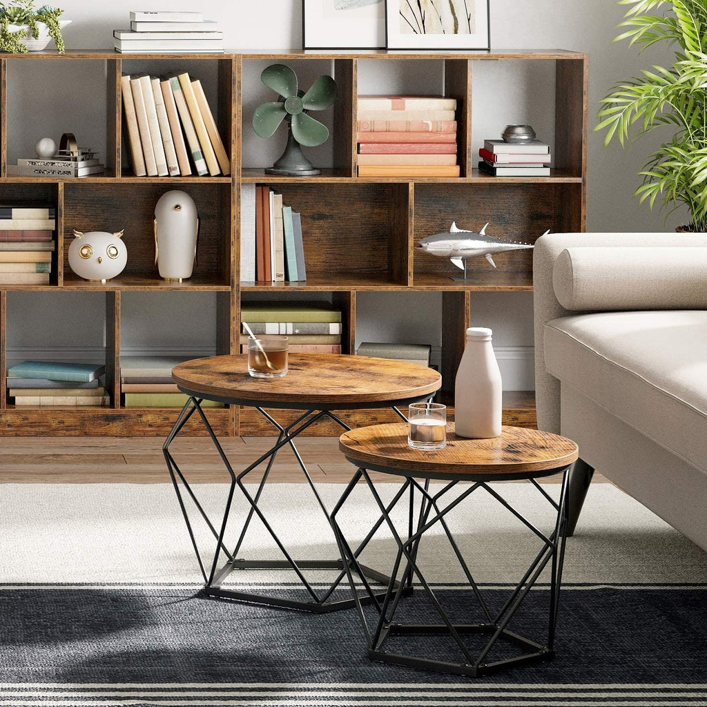 Set of 2 Rustic Brown and Black Coffee Tables with Robust Steel Frame