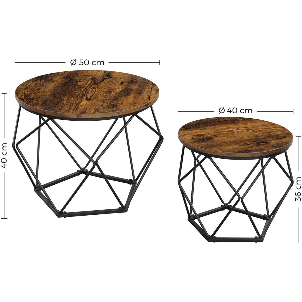 Set of 2 Rustic Brown and Black Coffee Tables with Robust Steel Frame