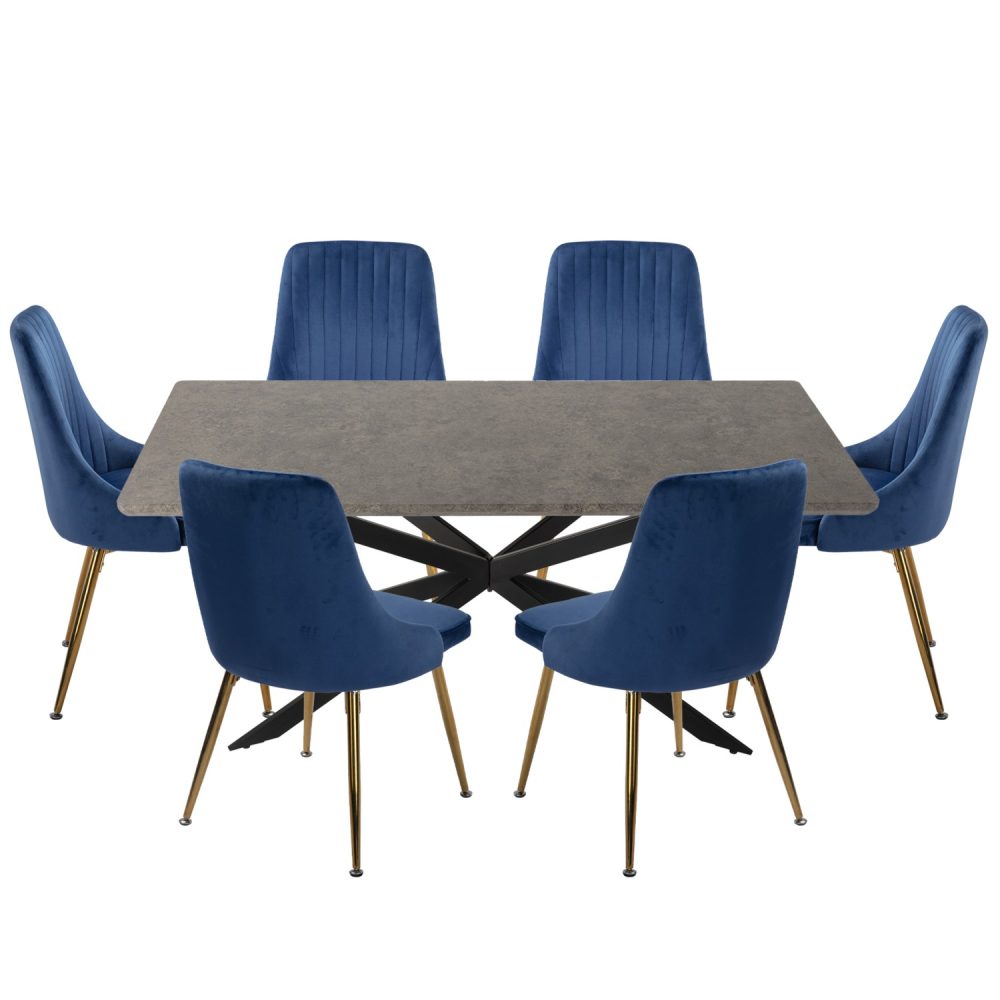 Dining Delight: Rectangular Table and Navy Velvet Chairs Dining Set