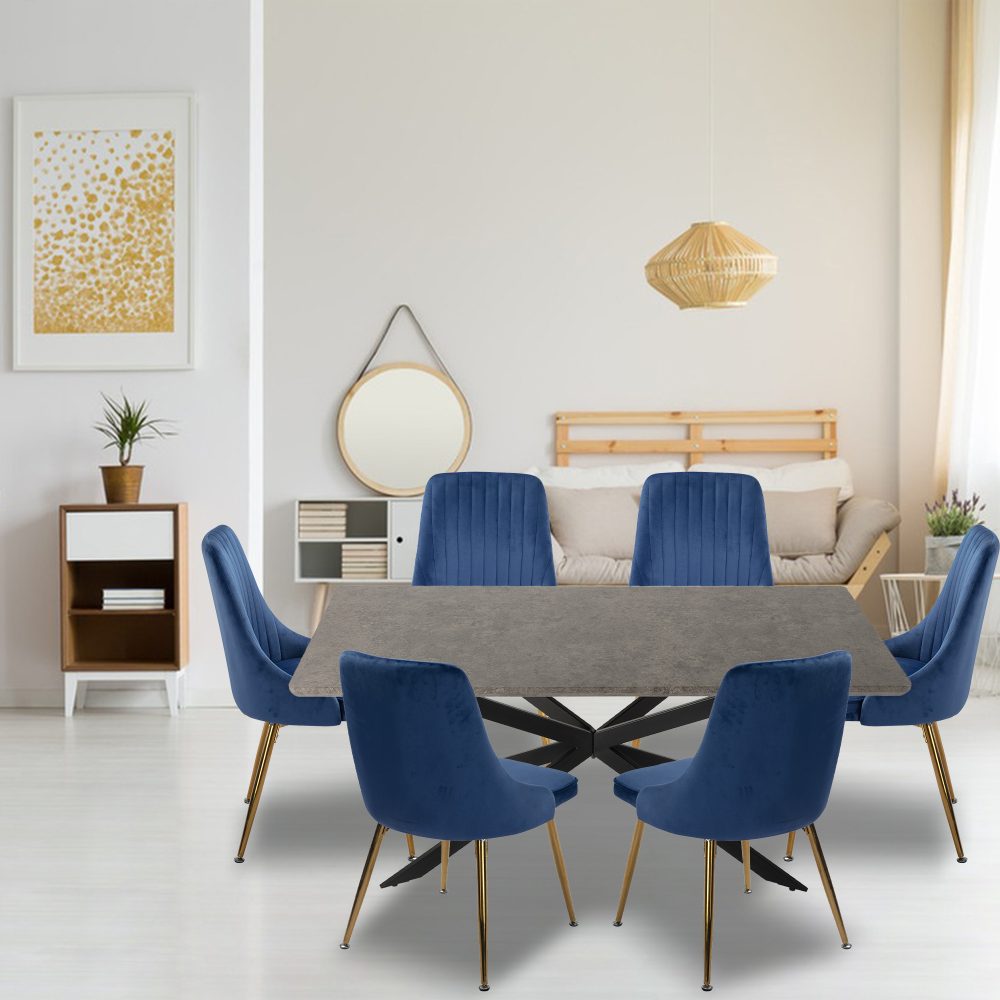 Dining Delight: Rectangular Table and Navy Velvet Chairs Dining Set